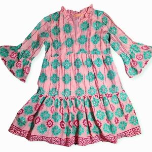 Oliphant Bell Sleeve Tiered Mini Rose Phoenix Dress Coral Block Print Boho XS